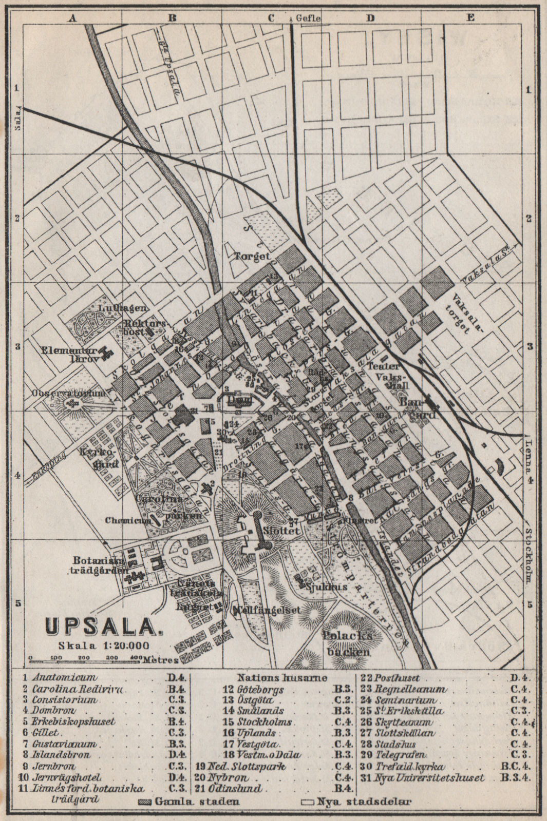 UPPSALA antique town city stadsplan. Sweden karta. BAEDEKER 1885 old map